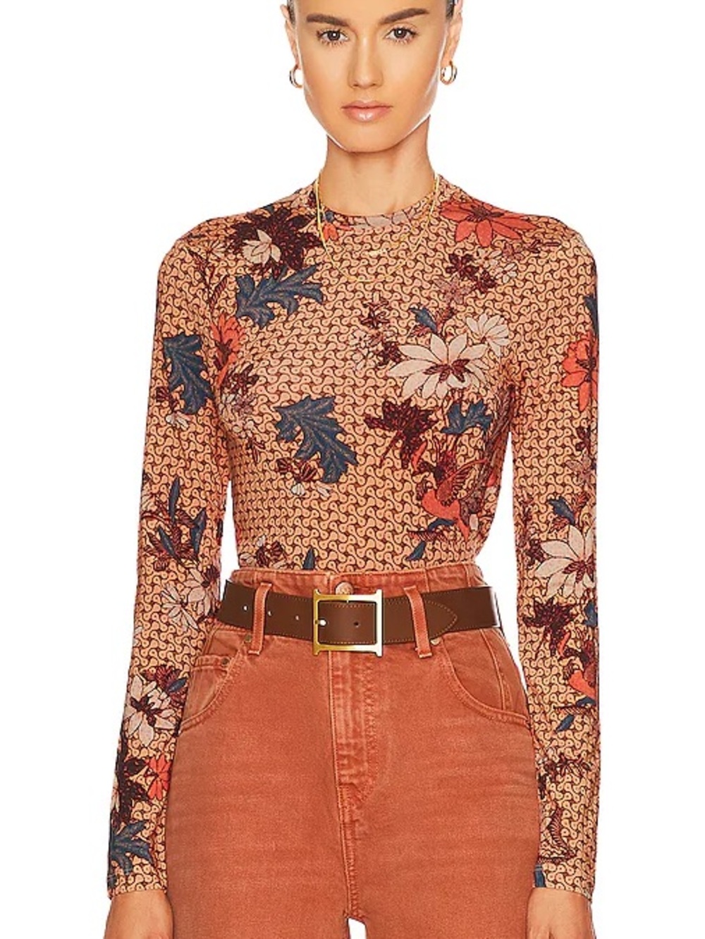 Ulla Johnson Rust Floral Long-Sleeve Crewneck Top with Navy and Cream Flowers